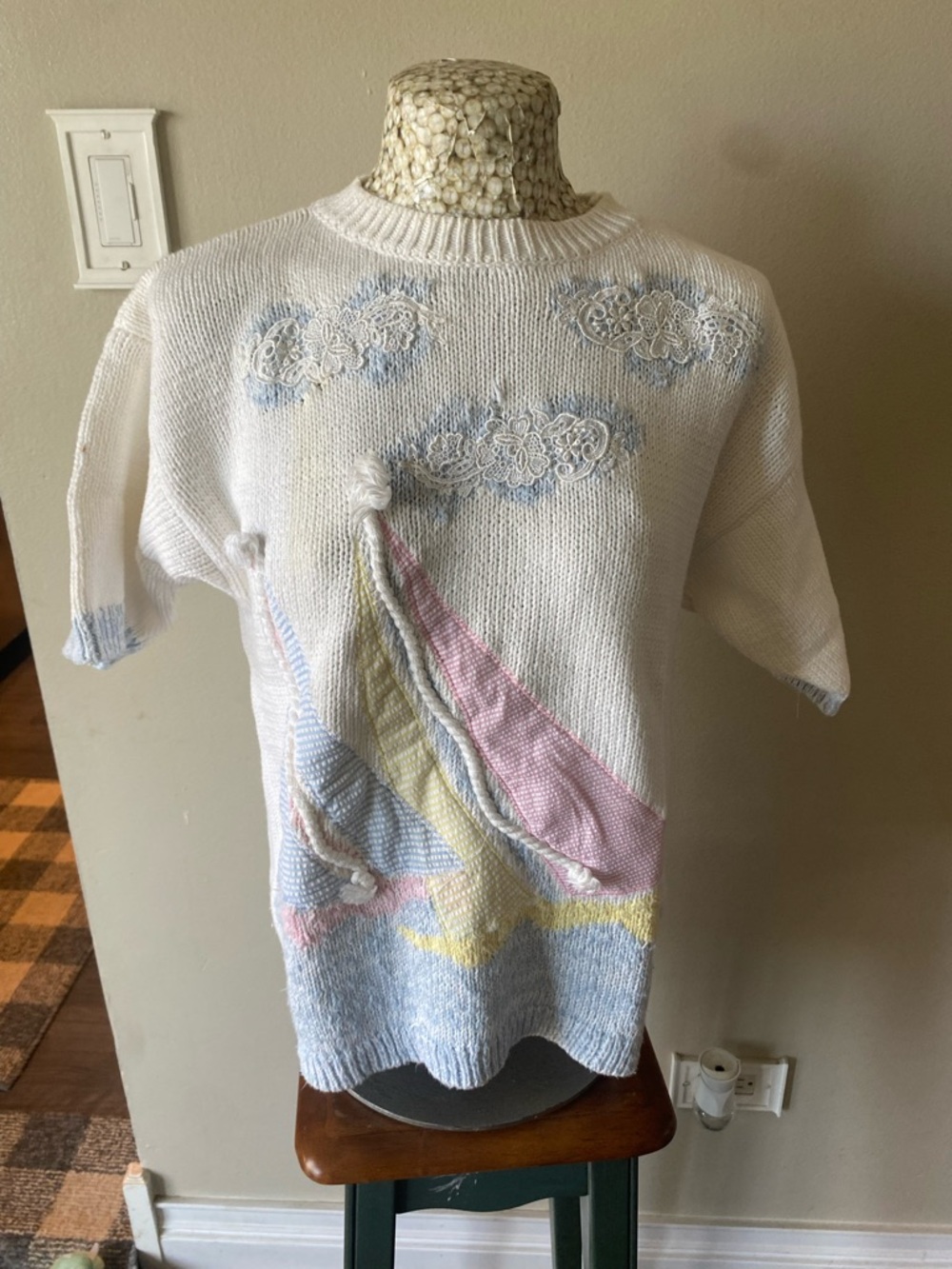 Vintage 80s White Pastel Embroidered Knit Sweater - Women